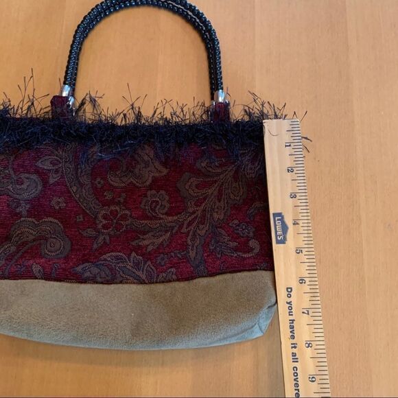 Vintage handmade bag burgundy paisley feathers resin top handle - Picture 6 of 8